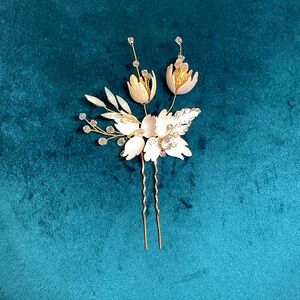 Whimsical Floral Wedding Hair Pin in gold with blush and opalite details